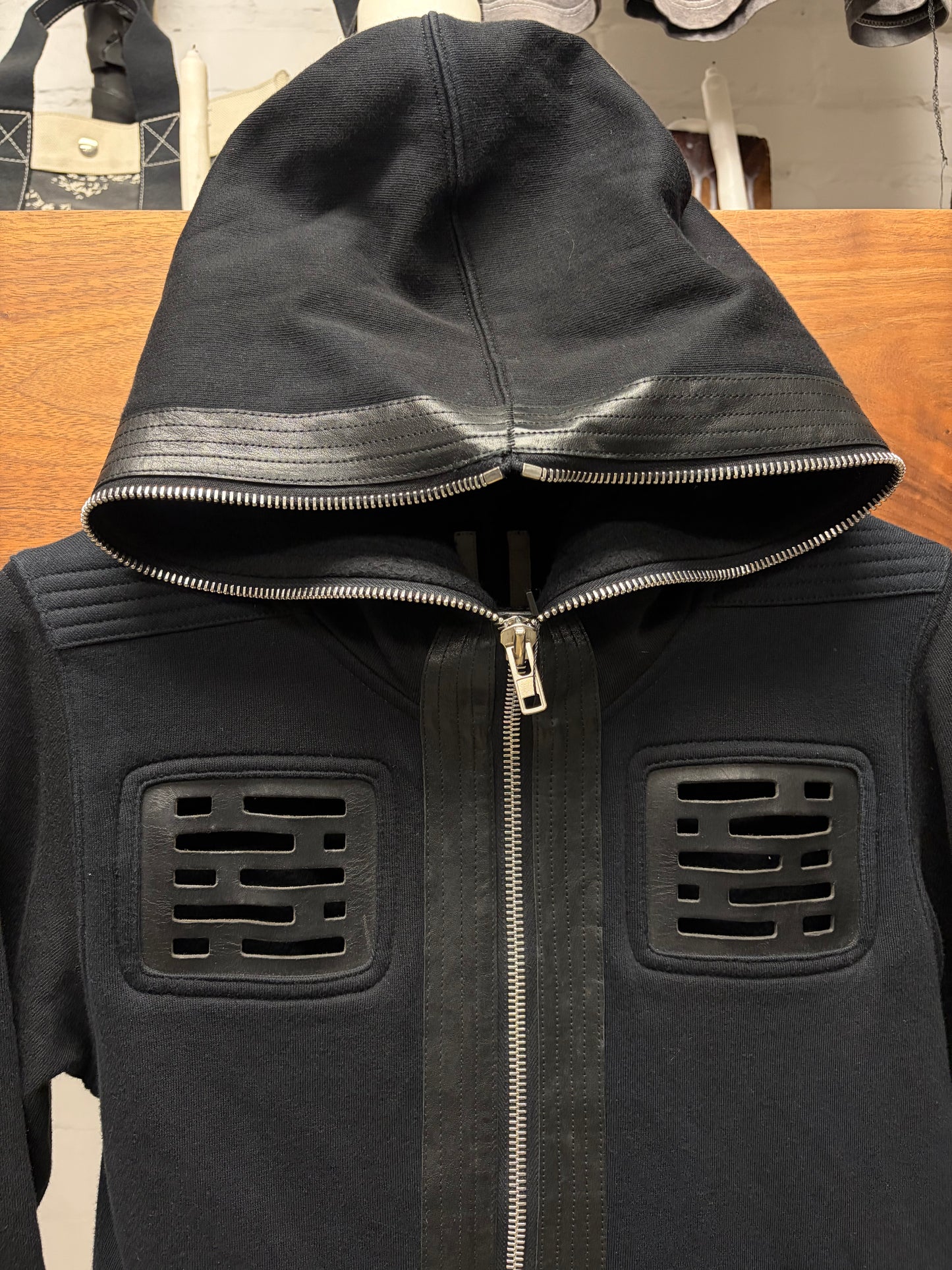 SS2014 Rick Owens ‘Vicious’ Leather Geometric/Tape Seam Gimp Full-Zip Hoodie