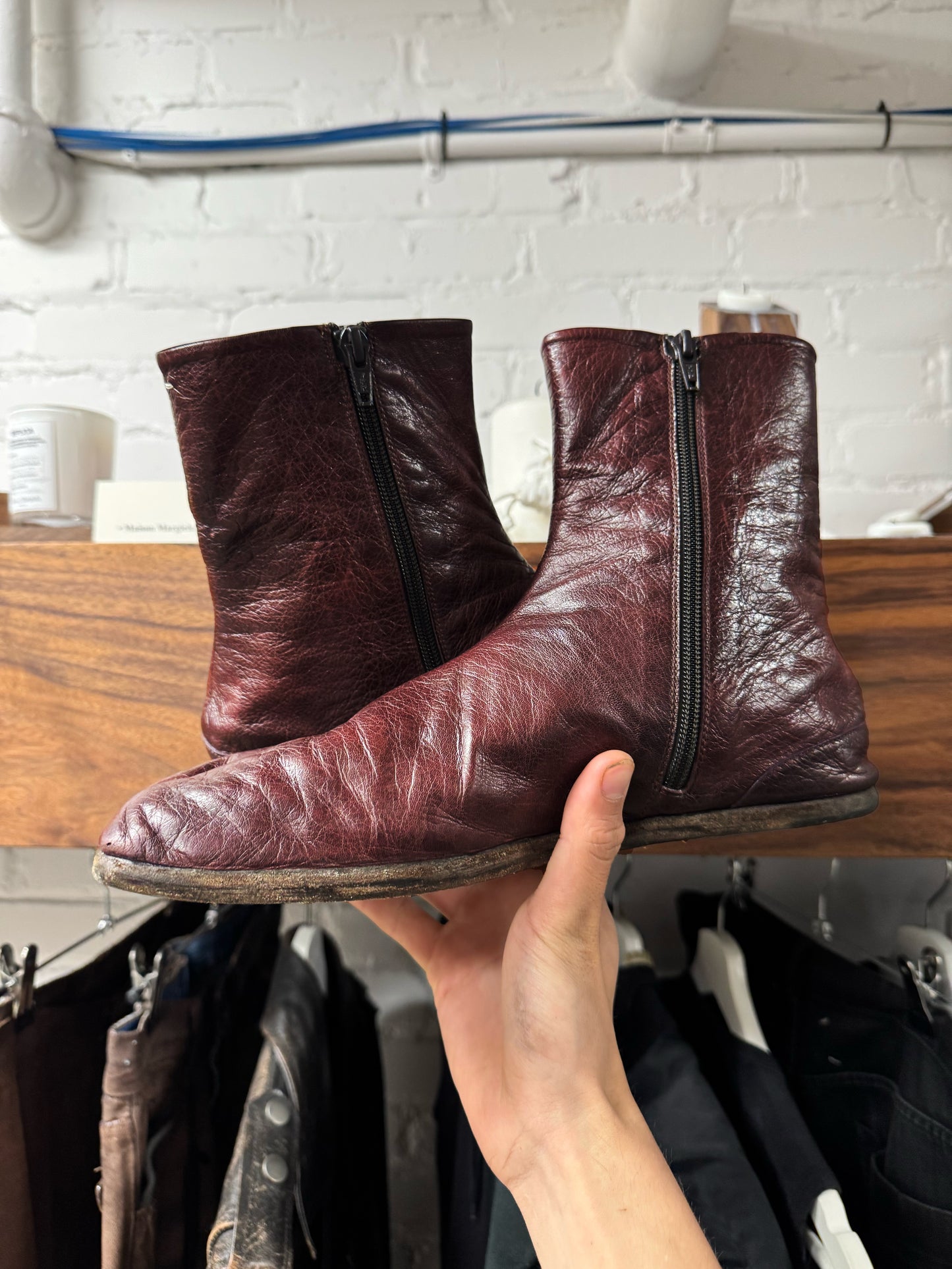 Maison Margiela ‘Tabi’ Split Toe Oxblood Red Leather Flat Sole Boots