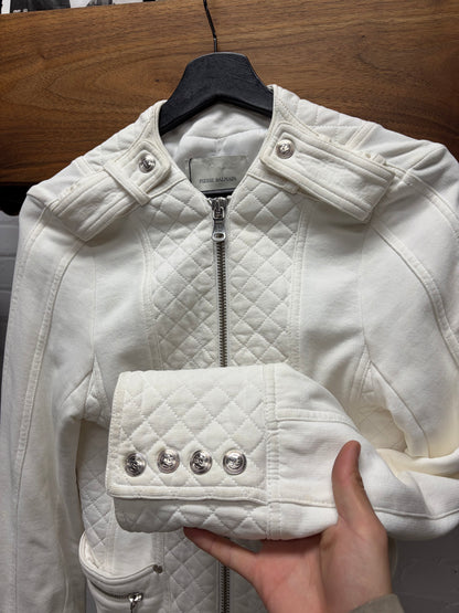 Balmain White ‘Napoleon’ Waistline Cropped Cotton Bomber Jacket