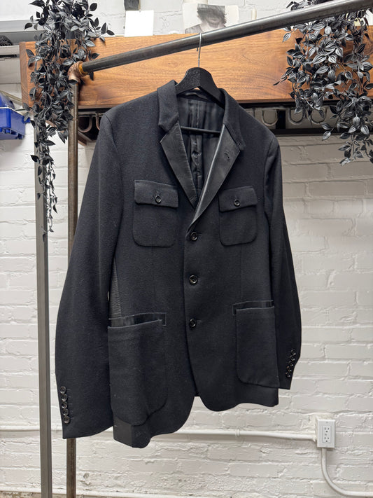 2000s Gucci ‘Leather Lapel’ Black Wool Slim Cut Blazer