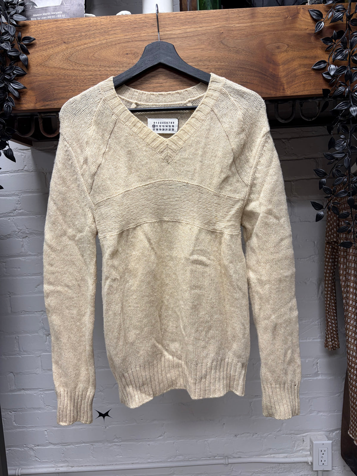 Maison Margiela Cream ‘Reconstructed’ V-Neck Wool Knit Sweater