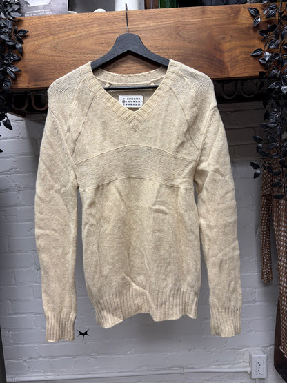 Maison Margiela Cream ‘Reconstructed’ V-Neck Wool Knit Sweater