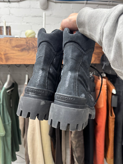 Balenciaga Black Distressed Canvas ‘Strike’ Combat Boots