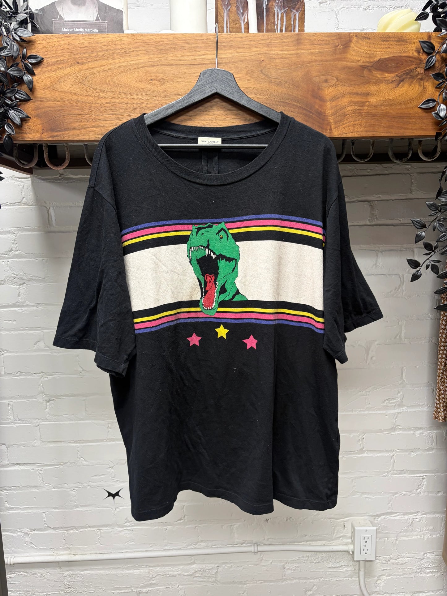 SS2016 Saint Laurent ‘Surf Sound’ T-Rex Striped Black Graphic T-Shirt