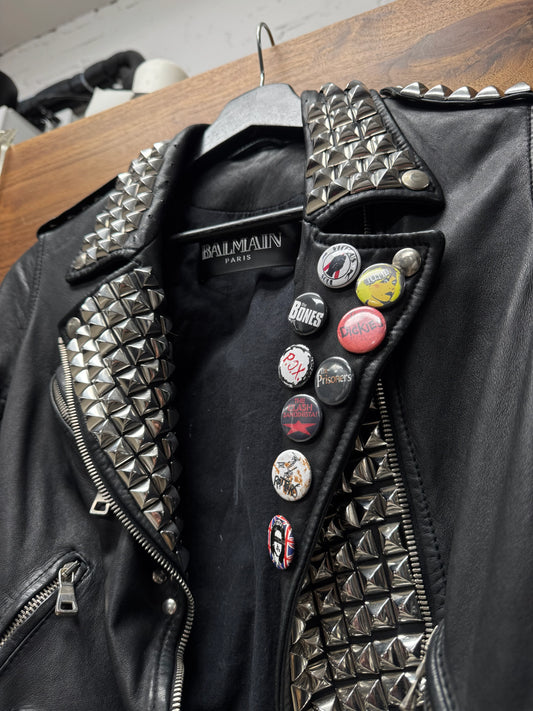 SS2011 Balmain Studded/Pin Patched Cape Back Leather Biker Jacket