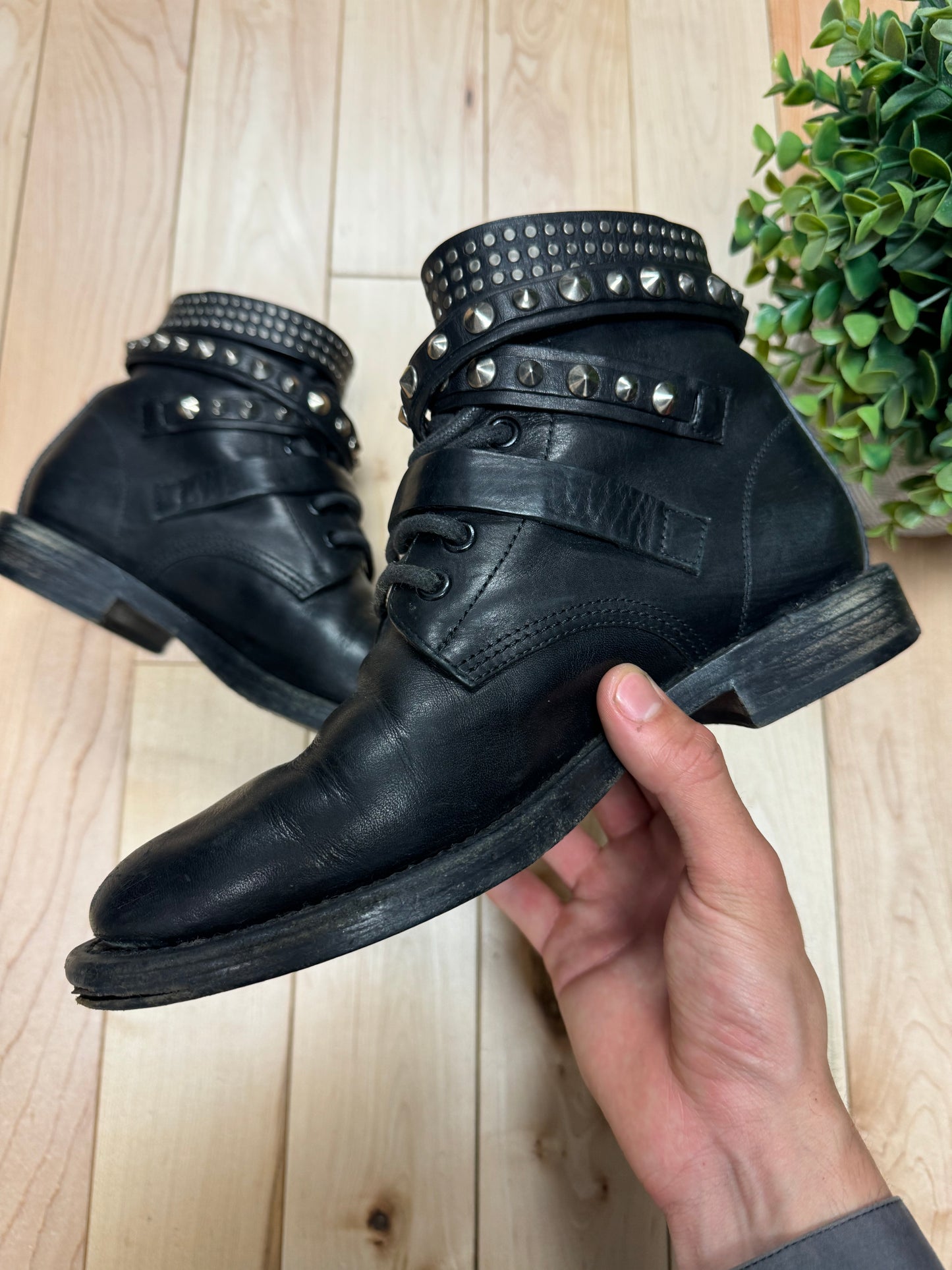 Saint Laurent Ranger Studded Black Leather Combat Ankle Boots