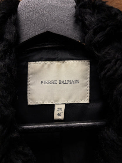 Balmain Quilted Black Lambskin Cropped Leather Biker Jacket with Shearling Trim