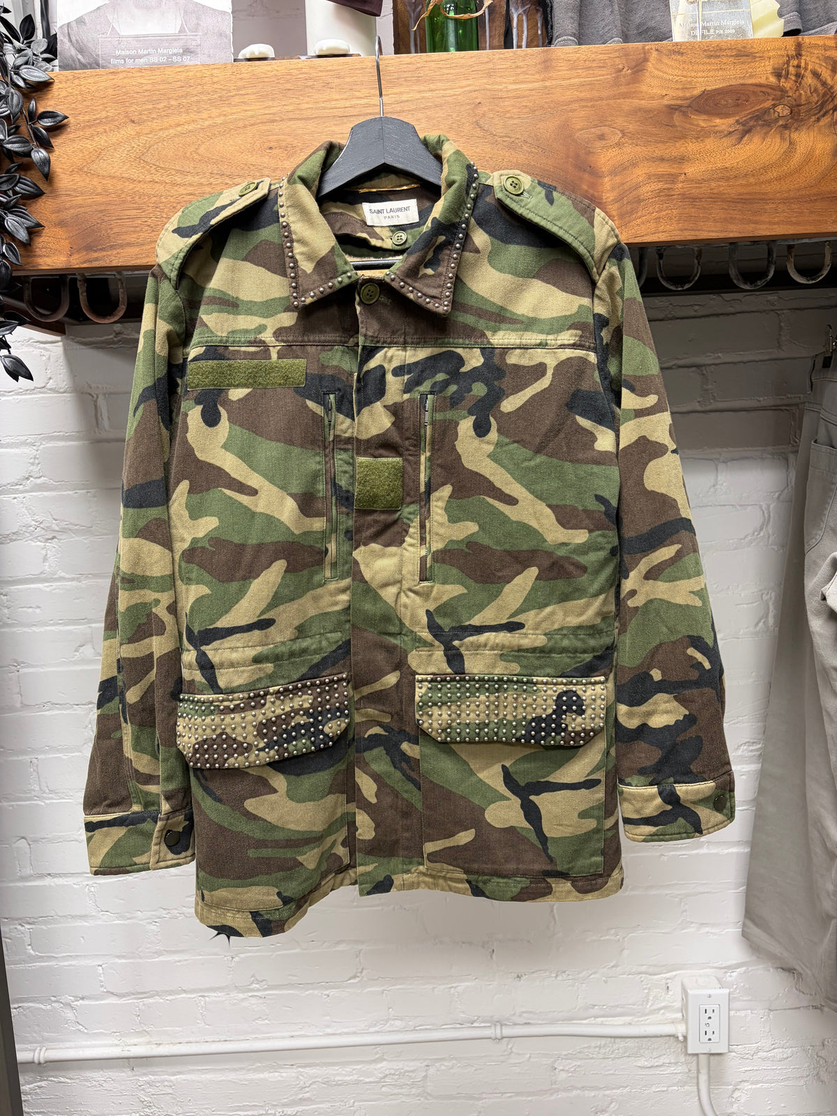 2019 Saint Laurent Studded Military Camo Jacket with Shearling Liner