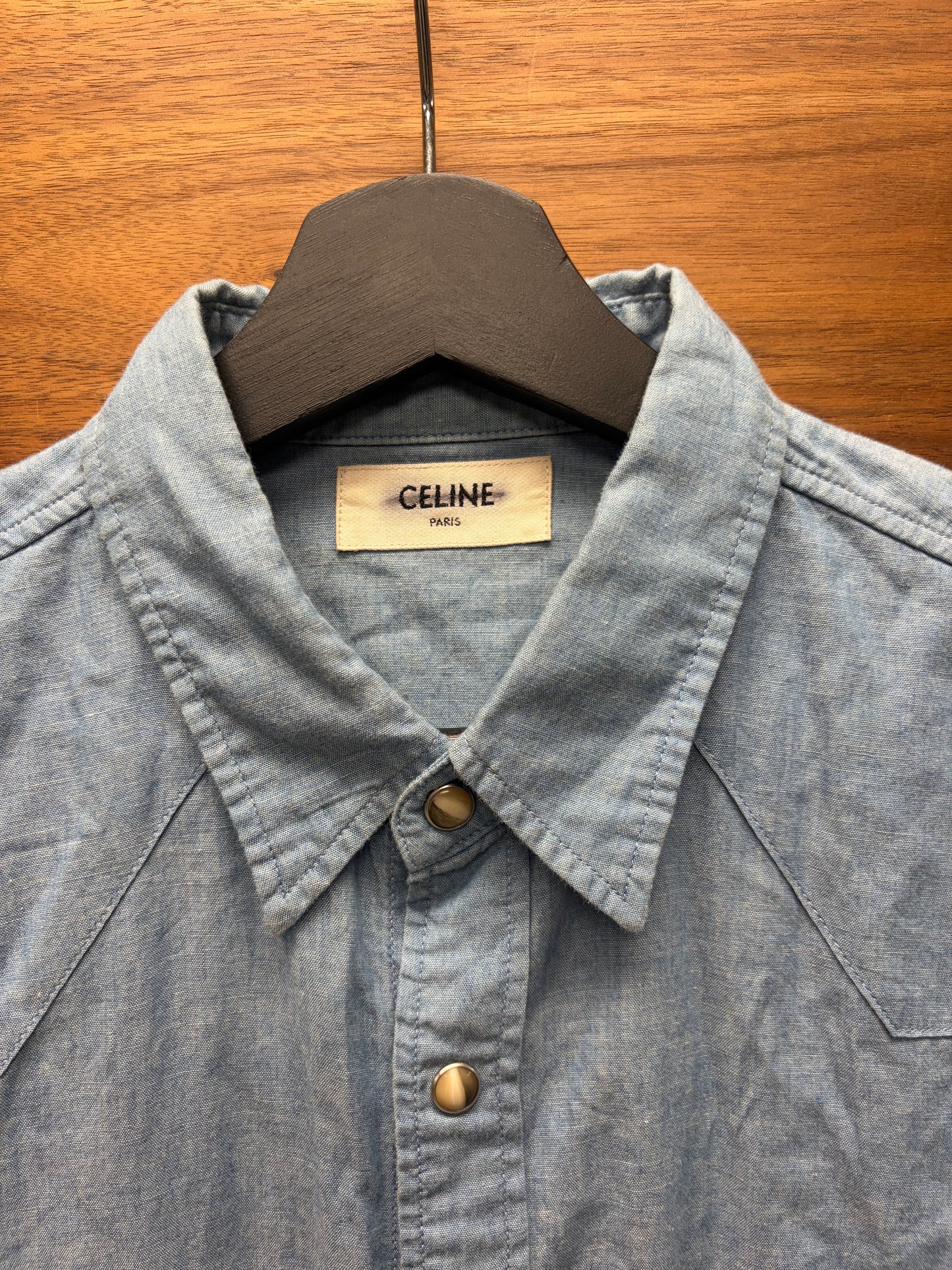 Celine Light Wash Blue Pearl Button Snap Denim Shirt