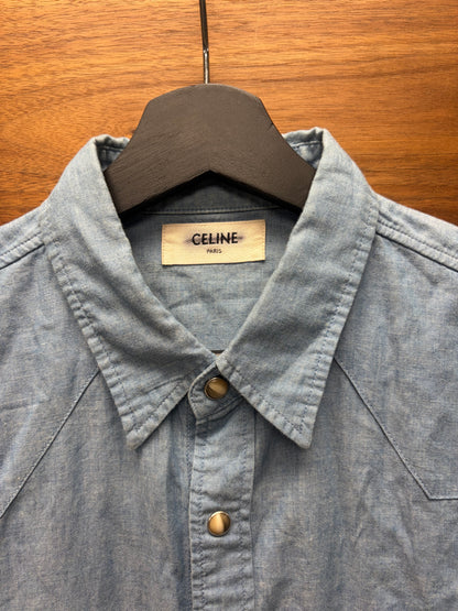 Celine Light Wash Blue Pearl Button Snap Denim Shirt