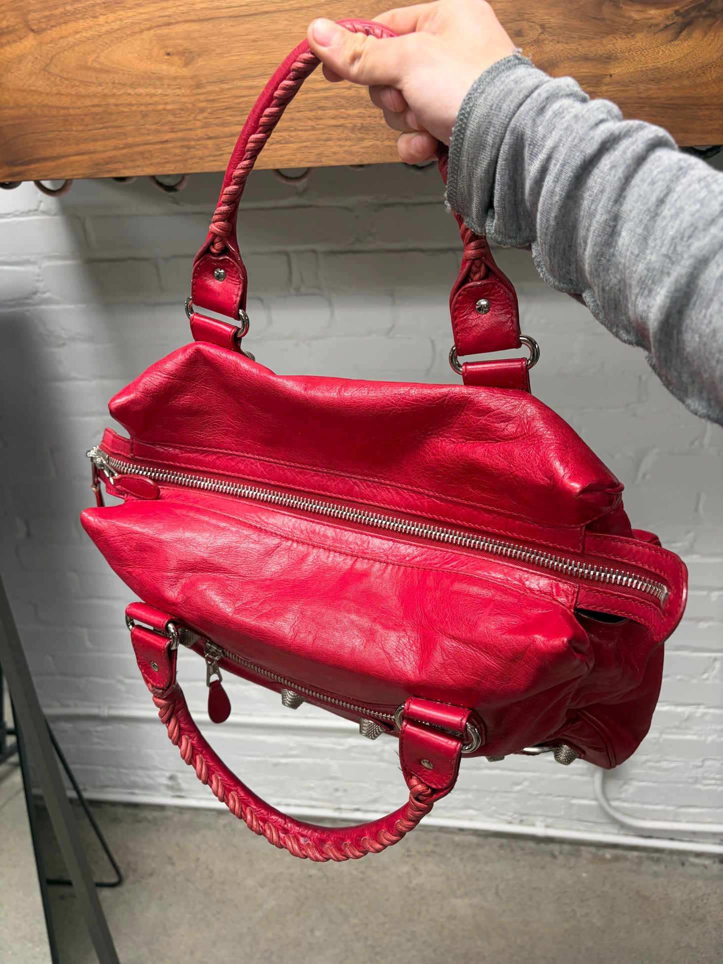 Balenciaga ‘Giant 21’ Tumbled Red Leather ‘City Bag’ with Silver Hardware