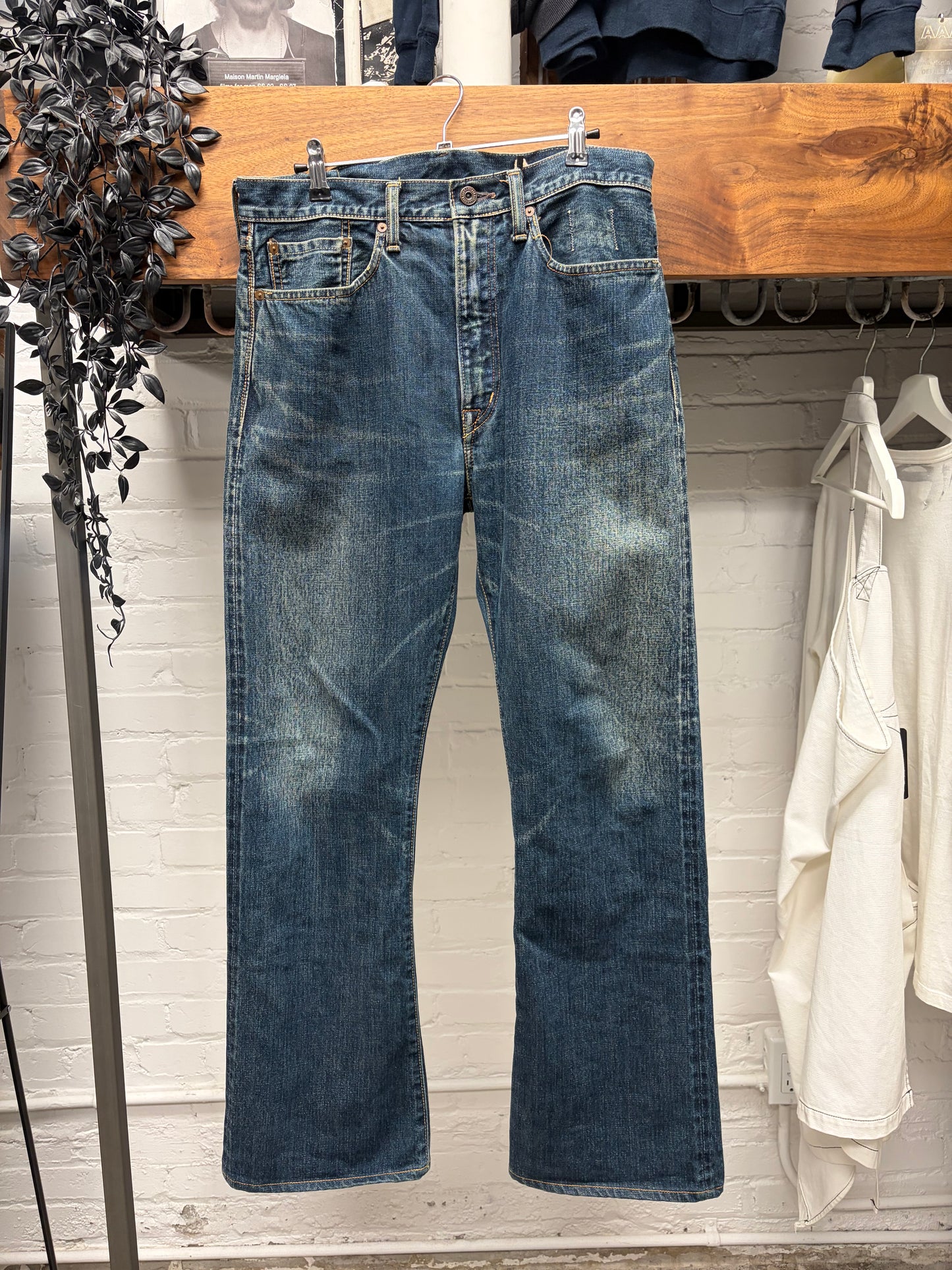 Kapital Raw Washed Blue Selvedge Flared Cut Jeans