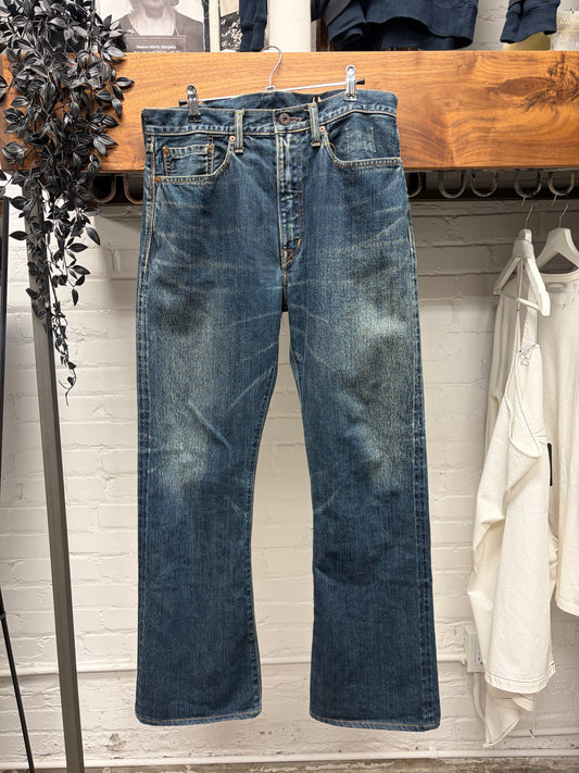Kapital Raw Washed Blue Selvedge Flared Cut Jeans