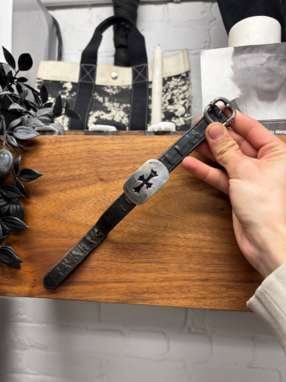 Chrome Hearts ‘Gunslinger’ Cutout Cross 925 Silver Dog Tag Leather Bracelet