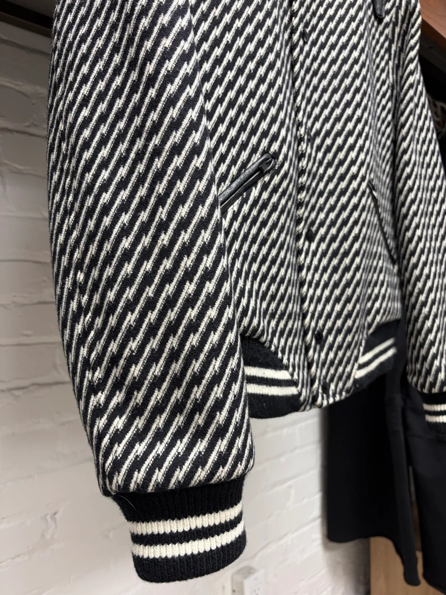 AW2018 Saint Laurent Houndstooth Black/White ‘Teddy’ Varsity Jacket with Leather Accents
