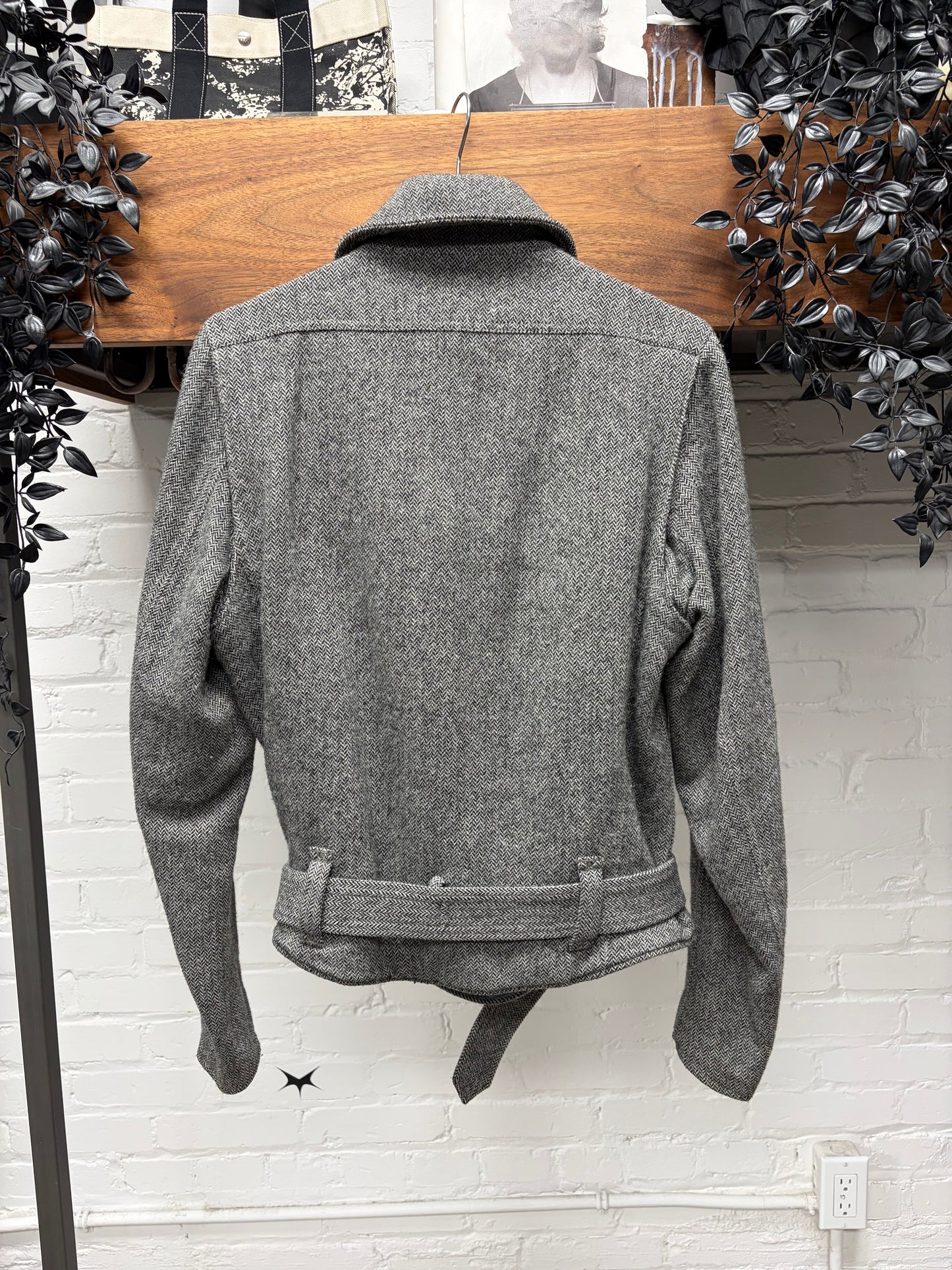 2000s Helmut Lang ‘Herringbone’ Wool Biker Coat with Belted Closure