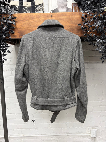 2000s Helmut Lang ‘Herringbone’ Wool Biker Coat with Belted Closure