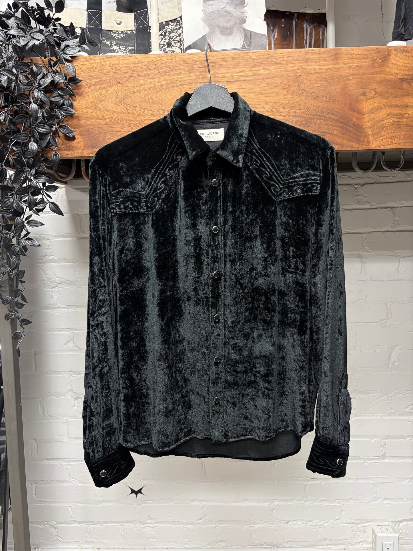 SS2018 Saint Laurent ‘Western’ Button Snap Black Velour Shirt