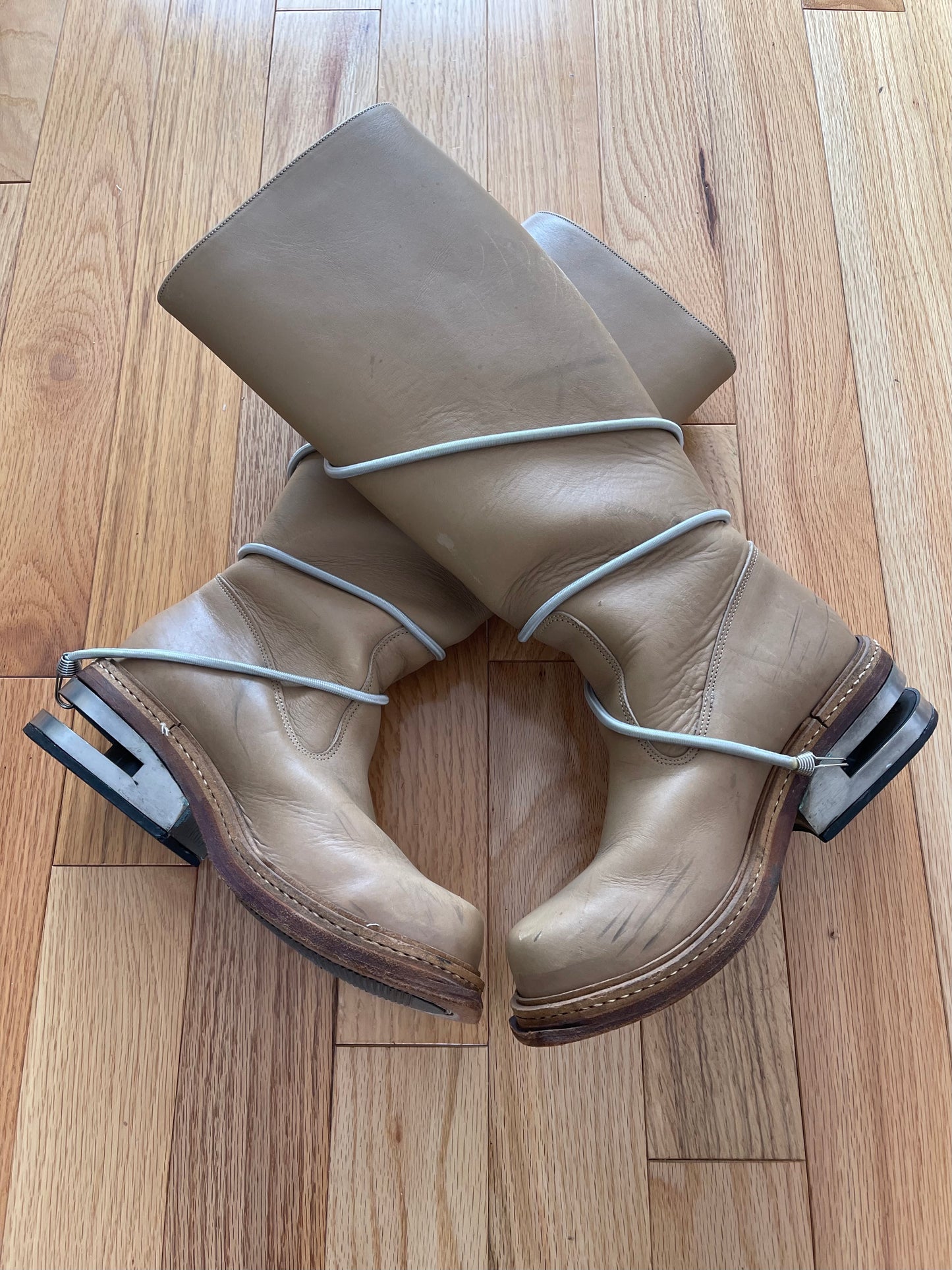 Dirk Bikkembergs Knee High ‘Bungee Cord’ Wraparound Brown Leather Metal Heel Boots.