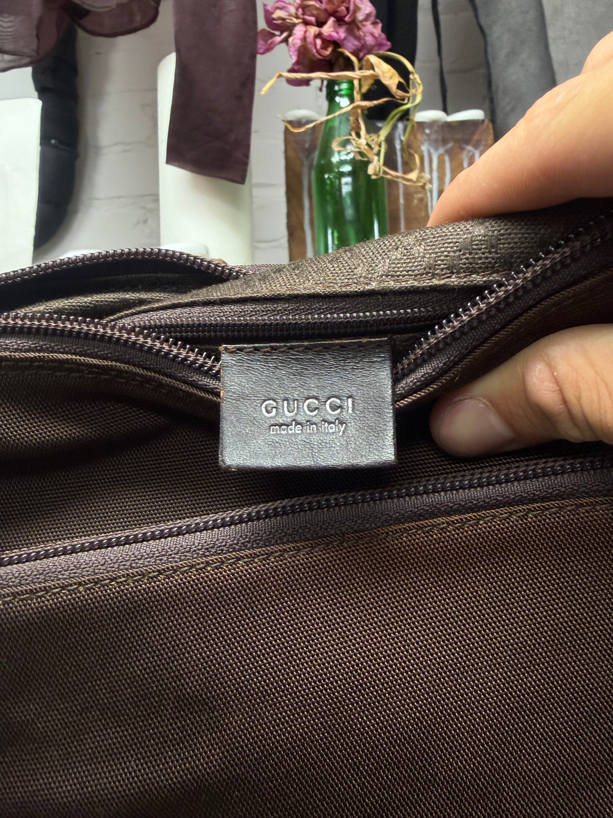 Gucci Brown Nylon Bamboo Handle Wood Mini Bag
