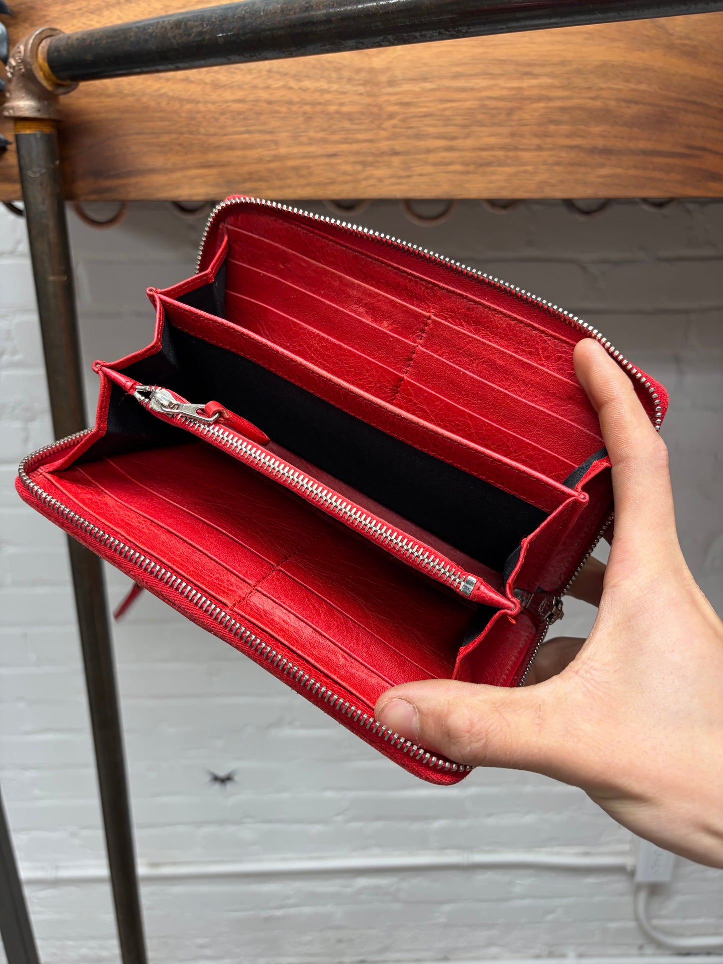 Balenciaga Red Leather ‘Brogue’ Continental Long Wallet