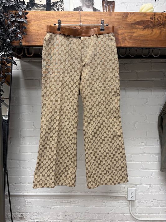 AW2000 Gucci by Tom Ford Monogram Canvas Flared Leg Trousers with Leather Waistband