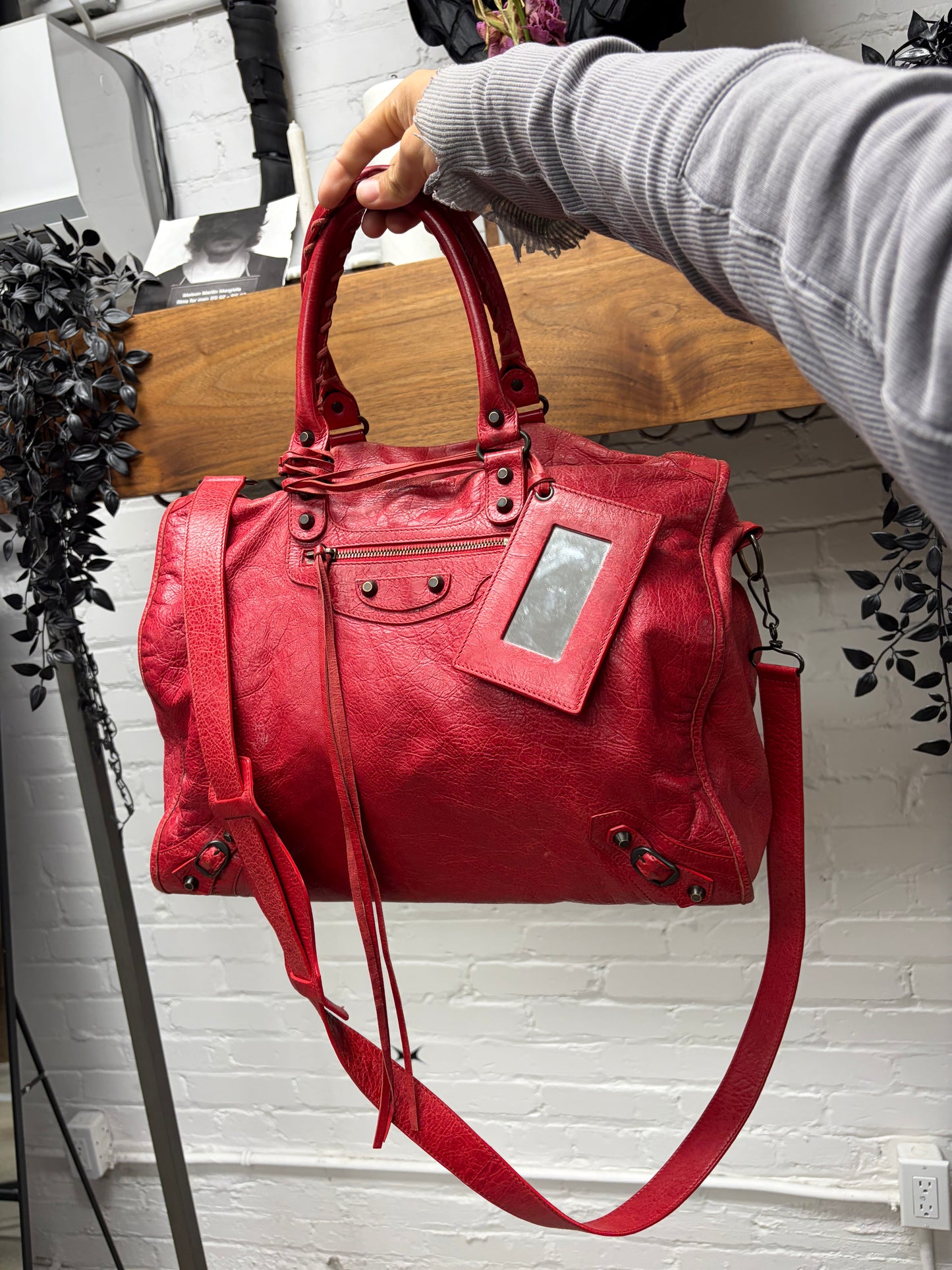 Balenciaga Red Lambskin Leather ‘XL City Bag’ with Crossbody Strap