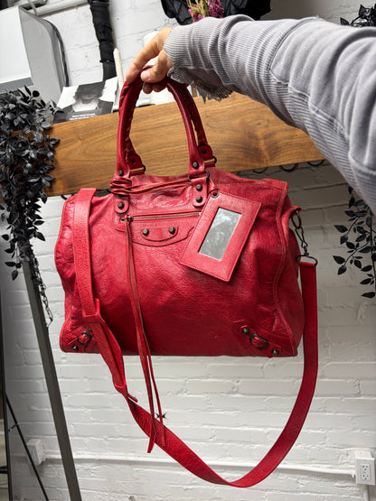Balenciaga Red Lambskin Leather ‘XL City Bag’ with Crossbody Strap