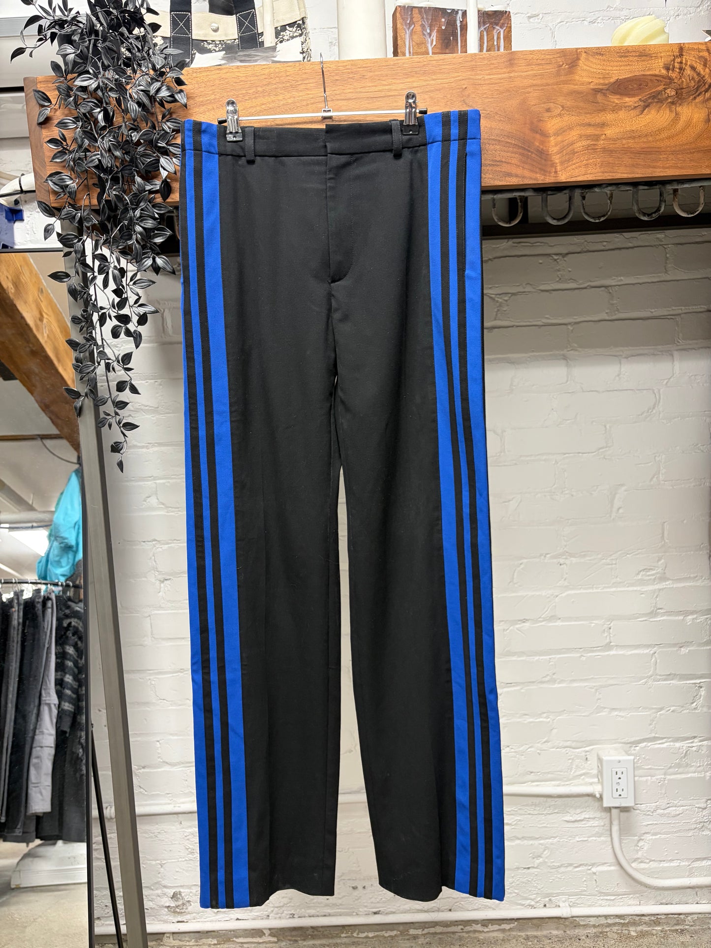 SAMPLE Balenciaga Black/Blue Striped Side Seam Straight Leg Trousers