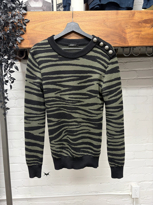 Balmain Leopard Patterned Green/Black Knit Sweater