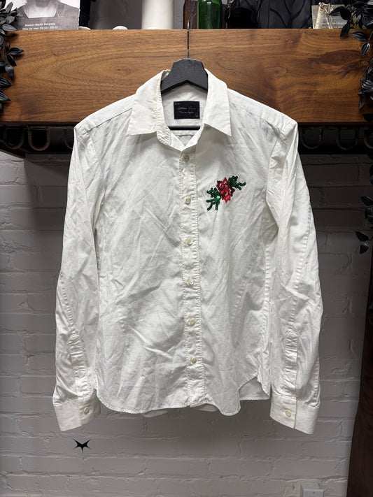 SS2006 Number Nine ‘Welcome to the Shadows’ Sequin Rose Chest Embroidered White Button Up Shirt
