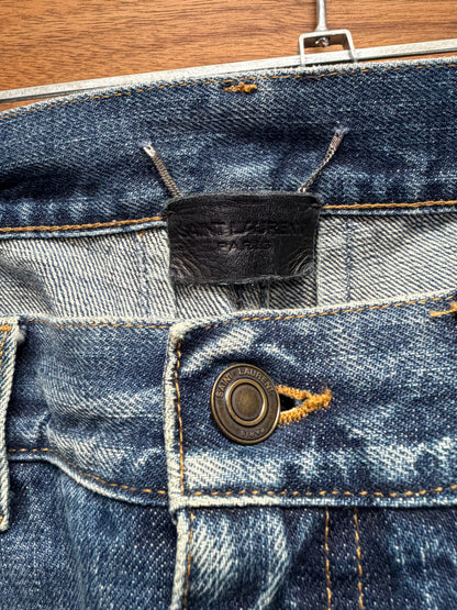 2015 Saint Laurent by Hedi Slimane Distressed Blue Skinny Jeans