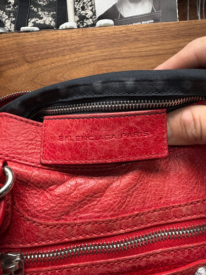 Balenciaga ‘Town’ Red Leather Bag with Silver Toned Hardware and Crossbody Strap