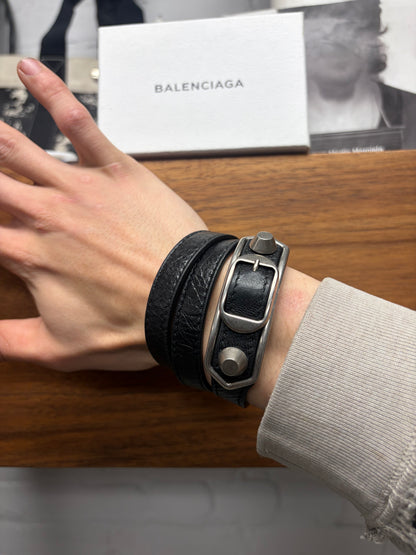 Balenciaga ‘Tour’ Triple Wrapped Black Calfskin Leather/Silver Stud Bracelet