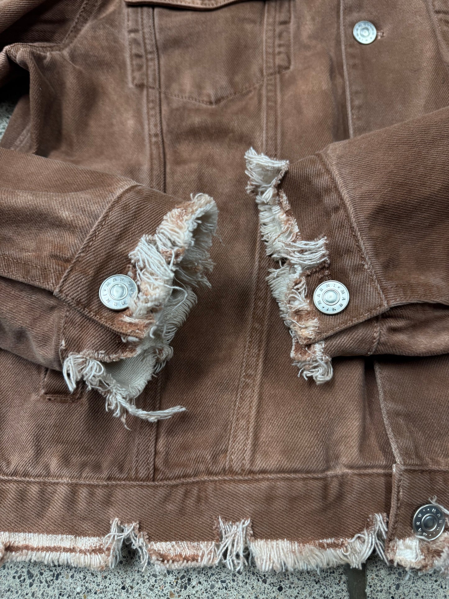 SS2022 Marni Fringe Distressed Brown Denim Trucker Jacket
