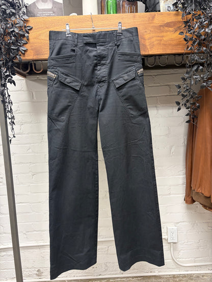 AW2021 Rick Owens ‘Gethsemane’ Black Low Rise ‘Security’ Wide Leg Cargo Pants
