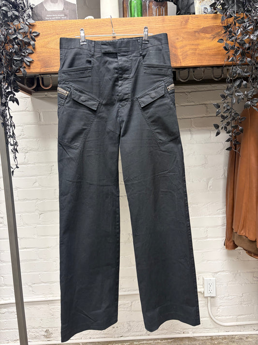 AW2021 Rick Owens ‘Gethsemane’ Black Low Rise ‘Security’ Wide Leg Cargo Pants