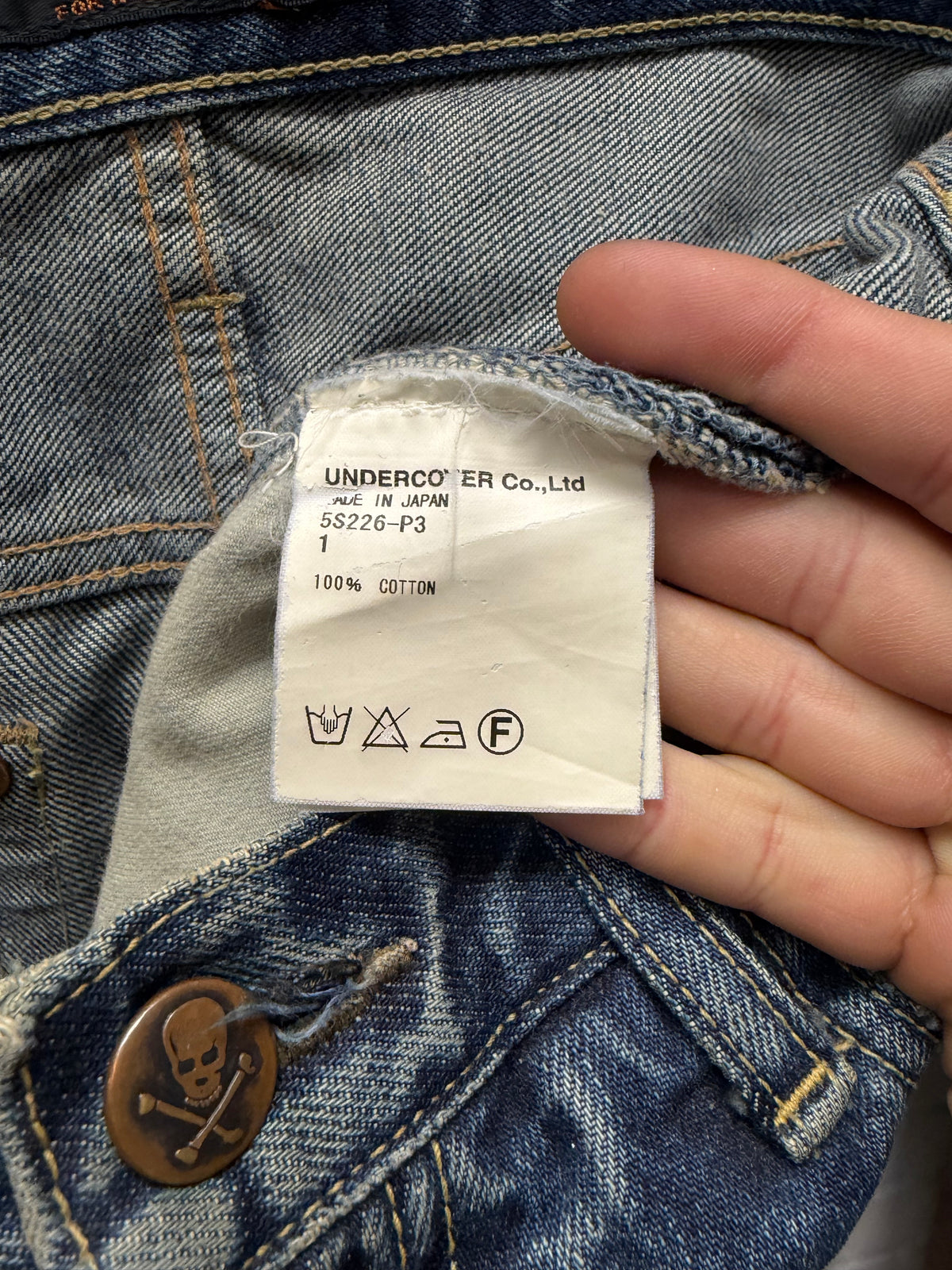 SS2005 Undercover 60 ‘But Beautiful’ Red Yarn Distressed Blue Men’s Skinny Jeans