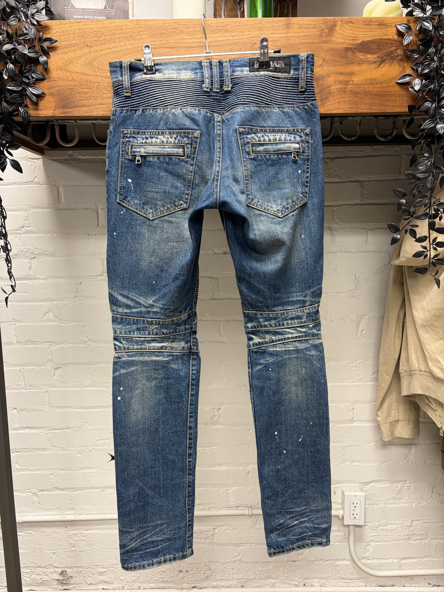 Balmain Washed Blue ‘Paint Splatter’ Biker-Moto Knee Skinny Jeans