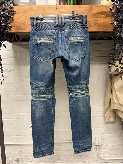 Balmain Washed Blue ‘Paint Splatter’ Biker-Moto Knee Skinny Jeans