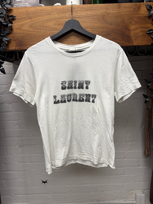 2018 Saint Laurent ‘Western’ Spellout Logo White Short Sleeve T-Shirt