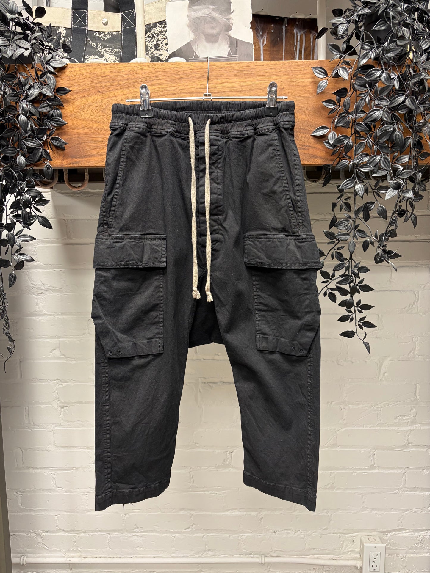 Rick Owens Drop Crotch ‘Pod’ Black Drawstring Cropped Cargo Pants