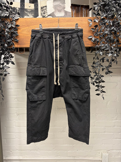 Rick Owens Drop Crotch ‘Pod’ Black Drawstring Cropped Cargo Pants