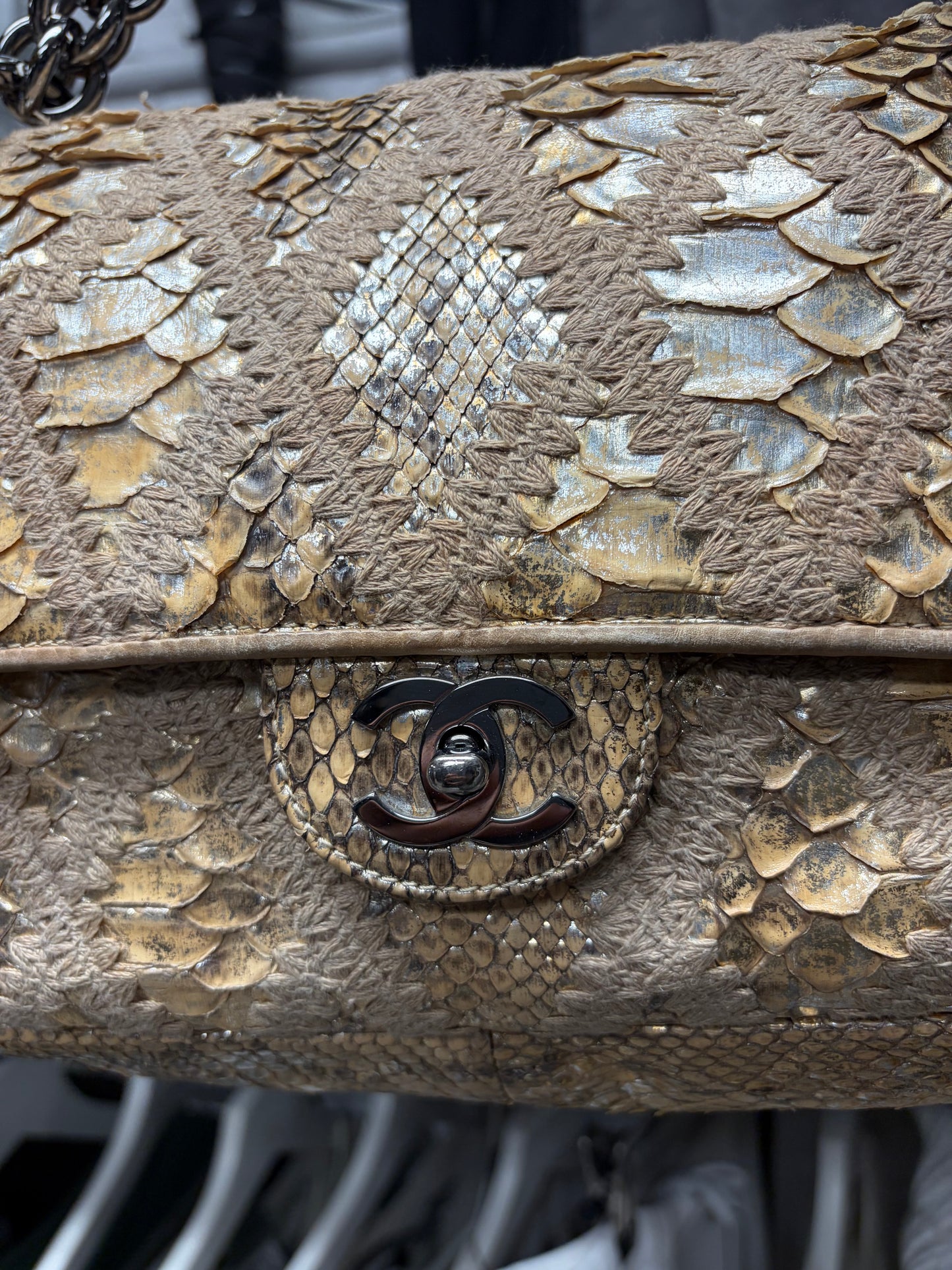 Chanel Genuine Python Leather Gold Crochet Classic Flap Topstitch Shoulder Bag