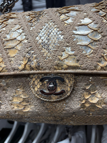 Chanel Genuine Python Leather Gold Crochet Classic Flap Topstitch Shoulder Bag
