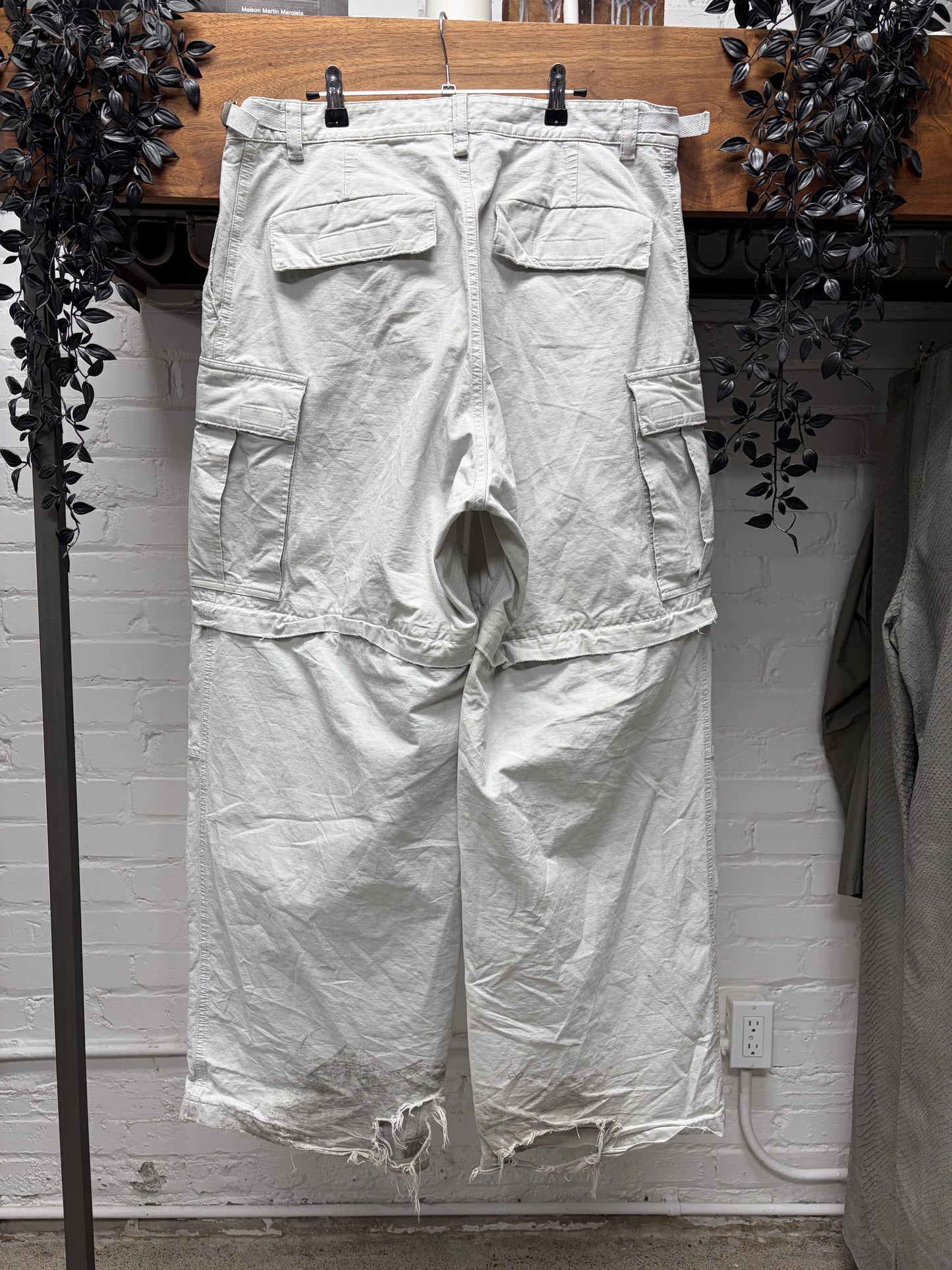 2023 Balenciaga Distressed White Ripstop Wide Leg Cargo Pants