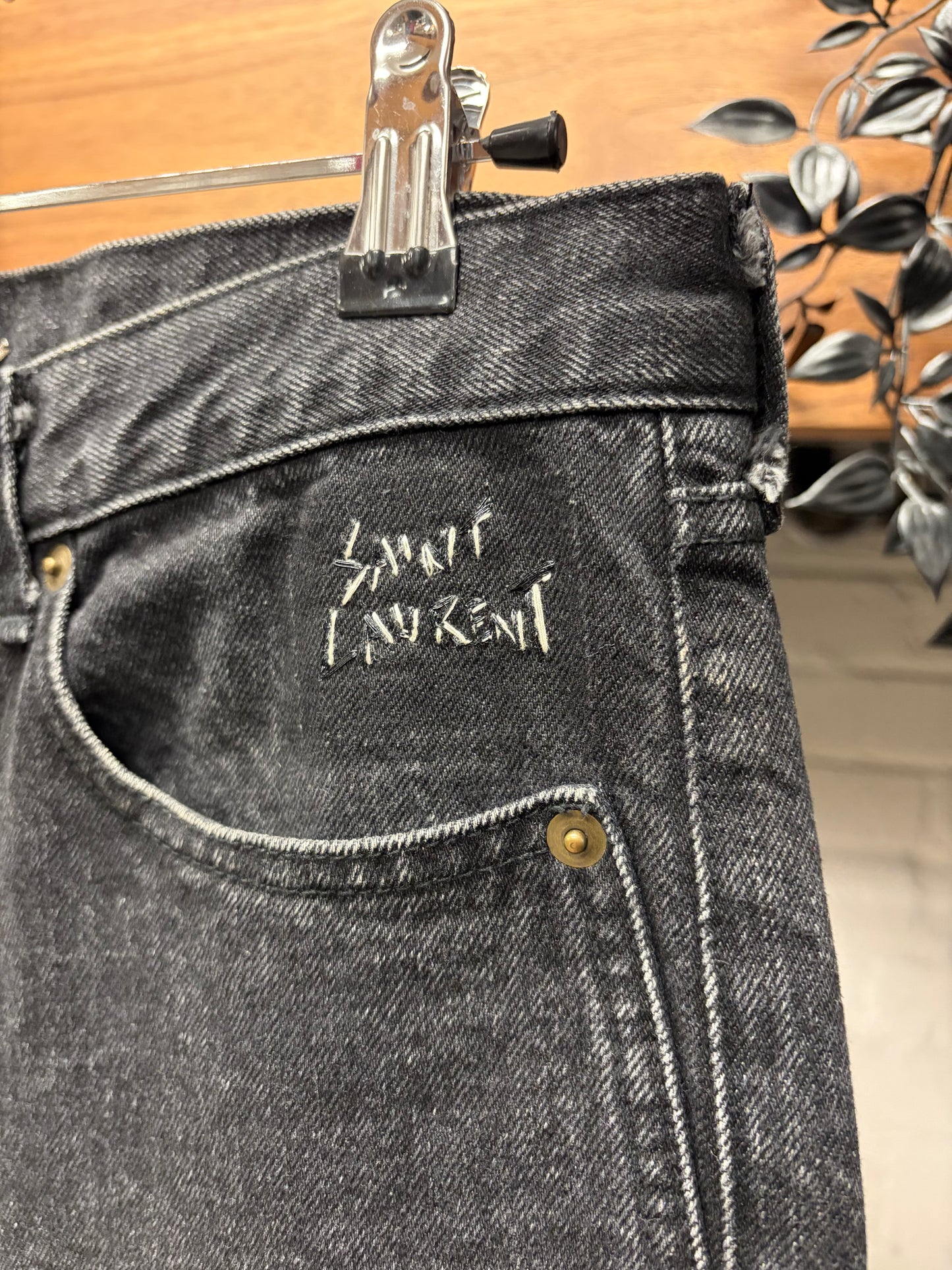 Saint Laurent Distressed ‘Pocket Logo’ D14 Washed Black Skinny Jeans