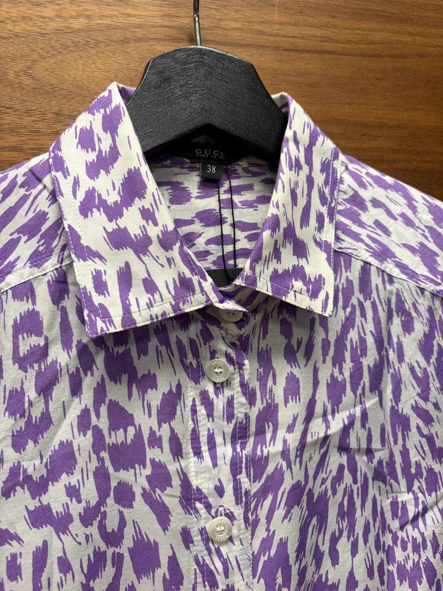 2000s Gucci Purple Leopard Print Slim Fit Button Up Shirt