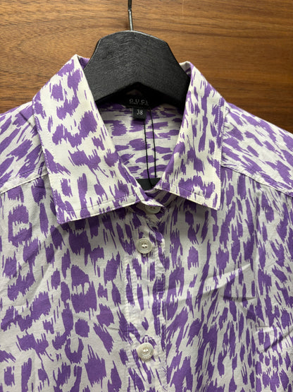 2000s Gucci Purple Leopard Print Slim Fit Button Up Shirt