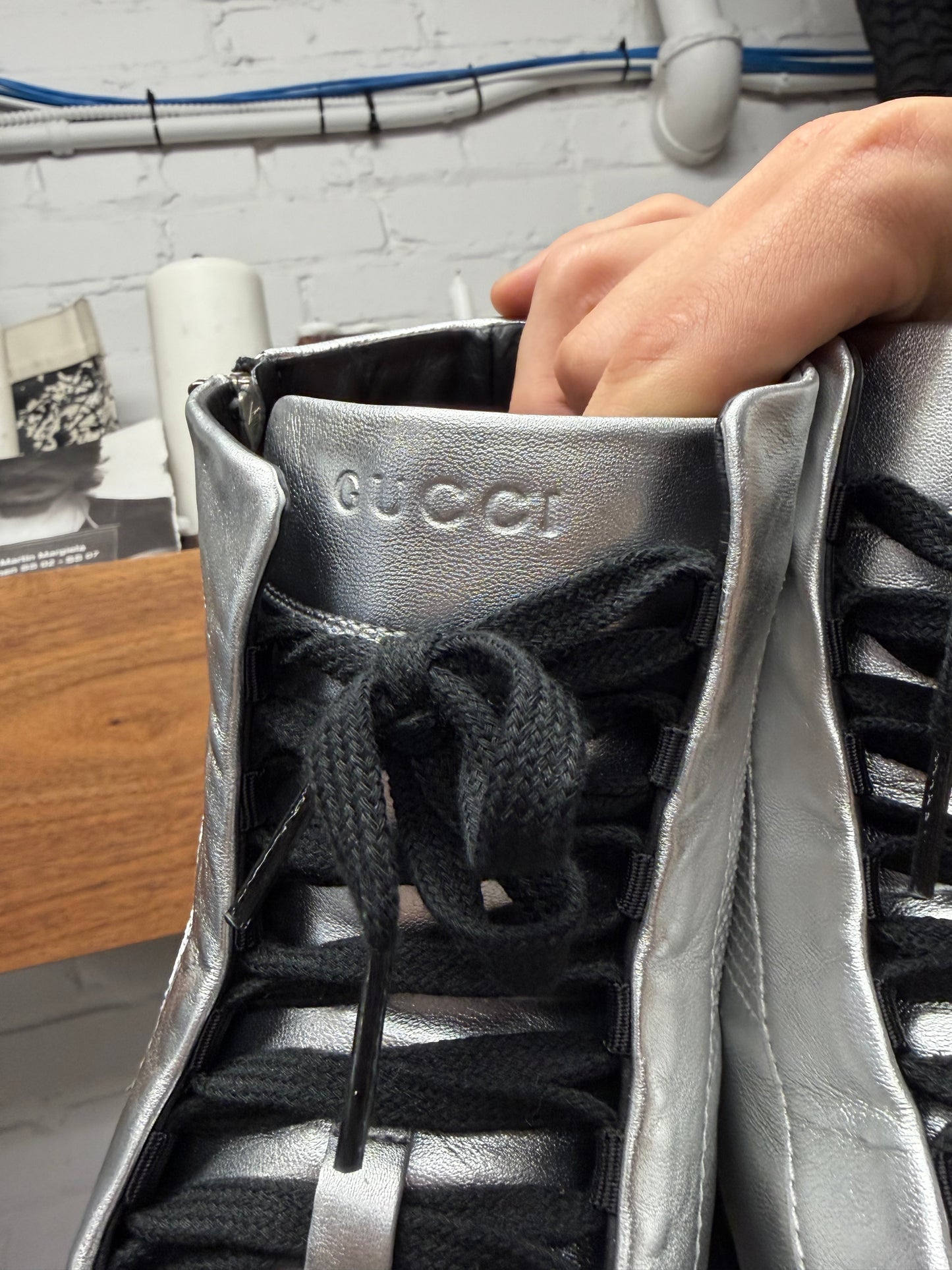 Gucci Silver Leather ‘Nappa Silk’ Zip High Top Sneakers